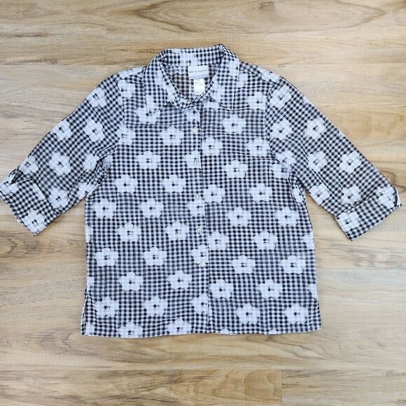 🔺️Alfred Dunner Black & White Checkmate Button Top Petite Medium - Picture 1 of 10